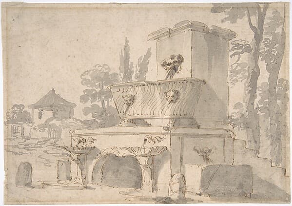 Venetian Capriccio: Landscape with a Farm Building, Sarcophagus, and Fountain (recto); Monument (verso), by Giuseppe Bernardino Bison