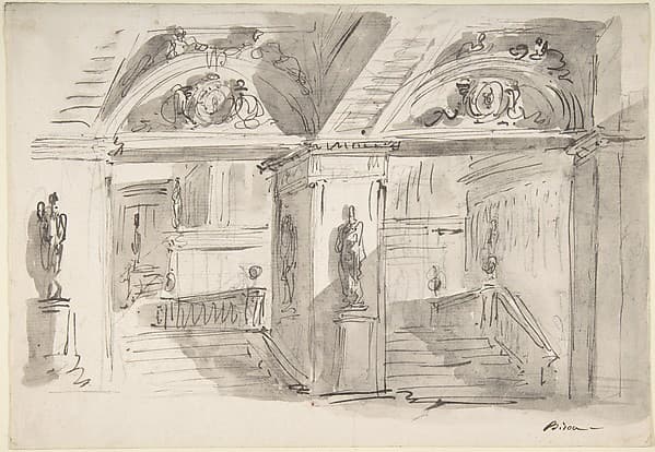 Sketch of a Palace's Interior's Foreshortening with Stairs, Statues and Ornaments, by Giuseppe Bernardino Bison