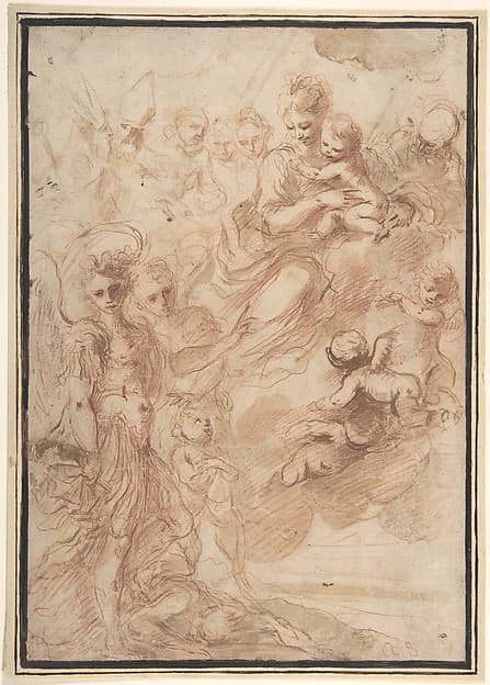 Saint Michael the Archangel and Another Figure Recommending a Soul to the Virgin and Child in Heaven, by Bartolomeo Biscaino
