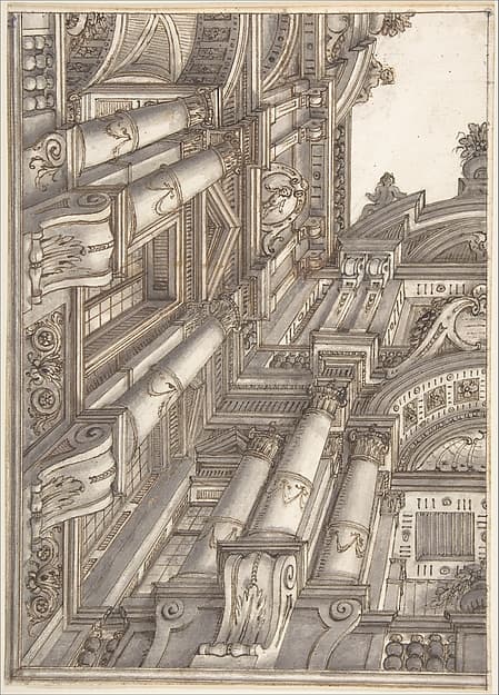Foreshortened or Trompe L'Oeil View of the Architecture Surrounding a Courtyard, by Ferdinando Galli Bibiena