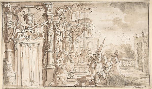 Design for a Stage Set: Solomon Receiving the Queen of Sheba under a Baldacchino, with Fantastical Architecture and a Gardenscape, by Carlo Galli Bibiena