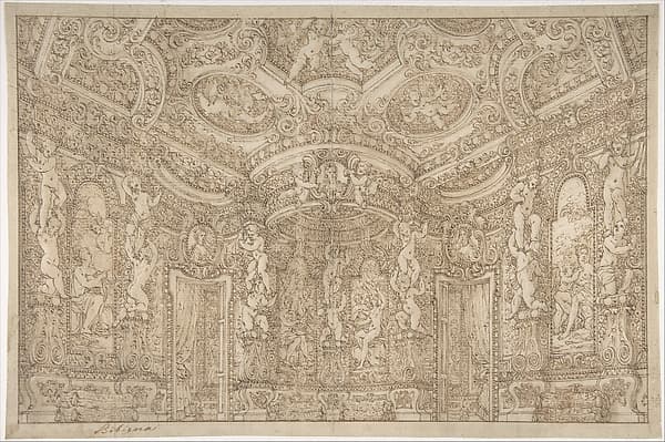 Design for a Stage Set of a Palace Interior Decorated with Putti, Garlands and Three Portrait Medallions, by Ferdinando Galli Bibiena