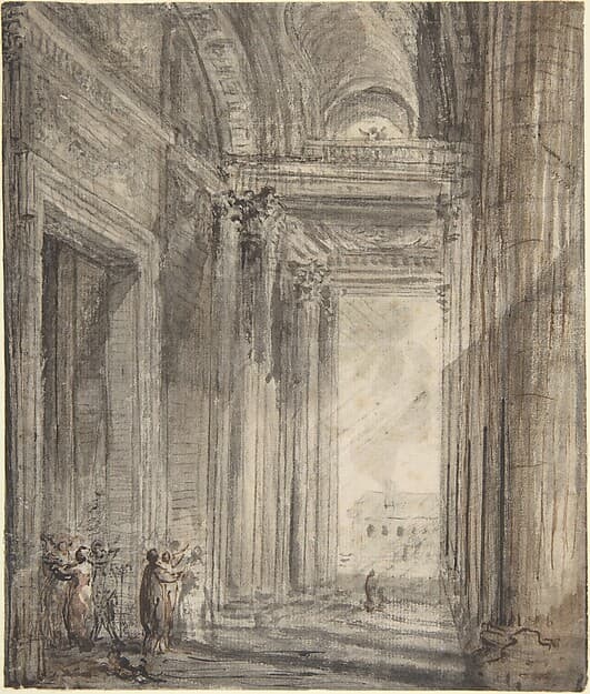 Figures in the portico of the church of Saint Genevieve, Paris, by Gabriel de Saint-Aubin