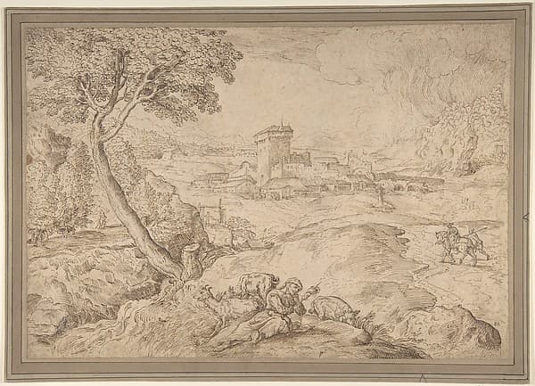 Landscape with an Old Woman Holding a Spindle, by Domenico Campagnola