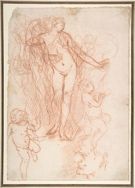 (R.)Figure Studies: Standing Nude Figure, Putti, and a Man's Head (V.) Figure Studies: A Flying and a Standing Man, by Giulio Carpioni