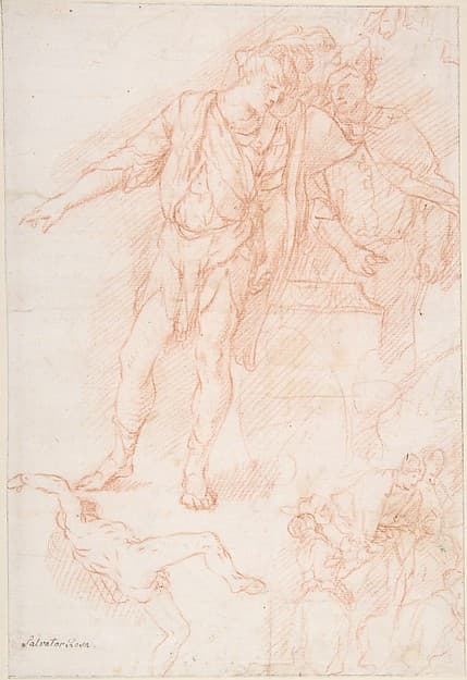 Figure Studies: Men Standing by a Large Vase, a Falling Nude Figure, and Other Figures, by Giulio Carpioni