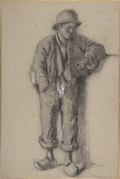 A Standing Peasant Boy in Hat and Wooden Shoes, by Constant Troyon