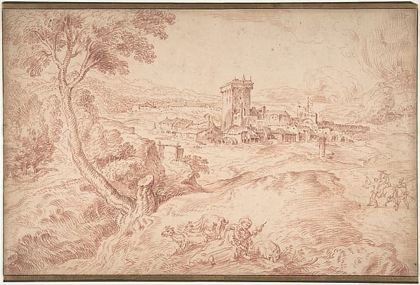 Landscape with an Old Woman Holding a Spindle, after Domenico Campagnola, by Antoine Watteau