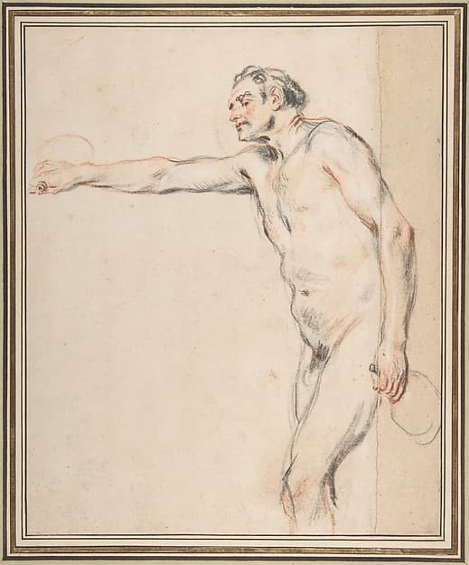 Study of a Nude Man Holding Bottles, by Antoine Watteau