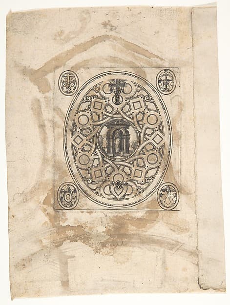 The standing Virgin with an elaborate ornamental frame, by Anonymous, Netherlandish, 16th century
