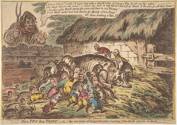 "More Pigs Than Teats",–or–the New Litter of Hungry Grunters, Sucking John-Bull's-Old-Sow to Death, by James Gillray