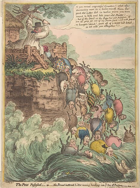 The Pigs Possessed:–or–the Broad Bottom'd Litter Running Headlong into Ye Sea of Perdition, by James Gillray