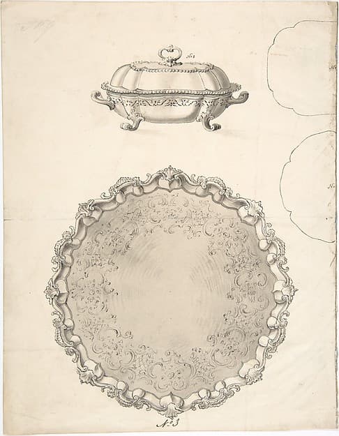 Designs for Two Silver Serving Dishes and Trays, by Anonymous, French, 19th century