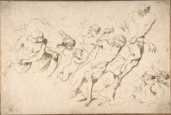Fantastic Subject: Five Nude Male Figures Punishing Another, by Giovanni Benedetto Castiglione (Il Grechetto)