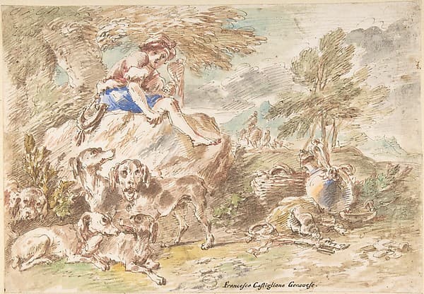 Young Hunter with His Dogs in a Landscape, by Giovanni Francesco Castiglione