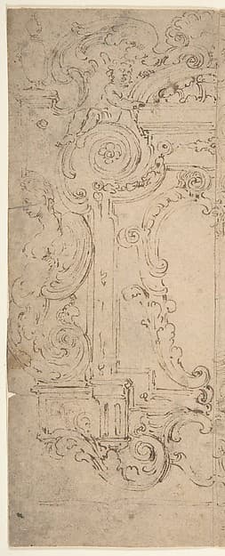 Two Alternative Designs for a Cartouche Decorated with a Frame, Statues, and Volutes, by Michelangelo Colonna