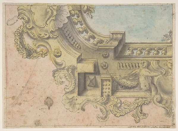 Design for a Decorated Ceiling with Putti and Garlands and a Forshortening of a Balustrade Around an Oculus, by Michelangelo Colonna