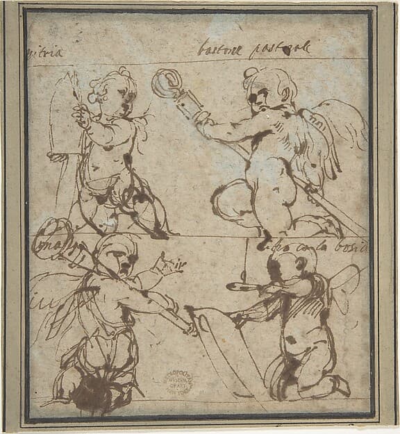 Putti with a Mitre, Crosier Mace, Book, and Candle, by Daniele Crespi