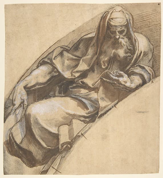 Seated, Bearded Man Holding a Banderole, by Paolo Farinati