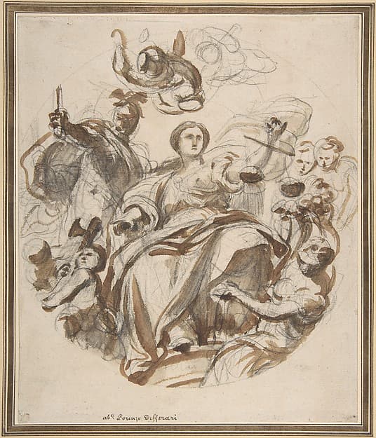 Study of Justice Dispensing Rewards to the Arts (recto); Study of a Lunette and Spandrel (verso), by Lorenzo de' Ferrari