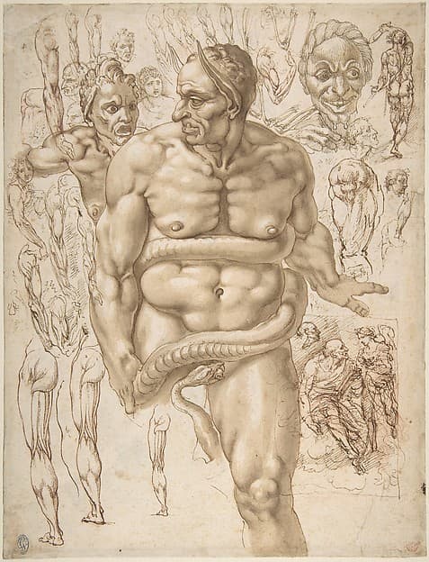 Nude Demon Encircled by a Serpent, after Michelangelo's Last Judgment; and Other Figure Studies (recto); Figure Studies (verso), by Giovanni Ambrogio Figino