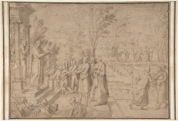 A Saint Addressing Figures from the Steps of a Temple, by Antoine Caron