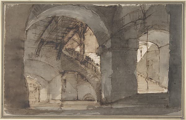 Design for a Stage Set: A Dungeon with High Vaults and a Staircase at Right, by Domenico Fossati