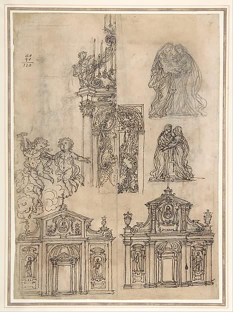 A Sheet of Studies with Architectural Motifs and Two Sketches for a Visitation (recto); Sketch for a Funerary Monument (verso), by Giovanni Battista Foggini