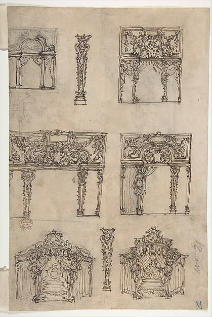 Designs for Archways and Baldachins with Caryatids and Coats of Arms (recto); Design for a Monument with Statues of Prudence and Fortitude (verso), by Giovanni Battista Foggini