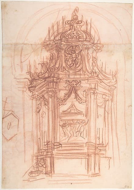 Design for a Catafalque (recto); Female Saint Kneeling on Clouds under an Arch, and a Design for the Pinnacle of the Catafalque (verso), by Baldassarre Franceschini (il Volterrano)