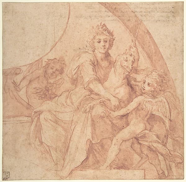 Allegorical Figure of Purity with a Unicorn and Two Putti (recto); Study of the Same Figures (verso), by Baldassarre Franceschini (il Volterrano)