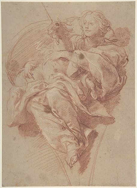 Allegorical Figure of Purity with a Unicorn (recto); Study for Drapery (verso), by Baldassarre Franceschini (il Volterrano)