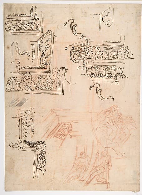 Studies of Architectural Moldings, of the Virgin and Child with a Kneeling Saint, and of Two Angels Supporting Frames (recto); Studies for Architectural Mouldings (verso), by Baldassarre Franceschini (il Volterrano)