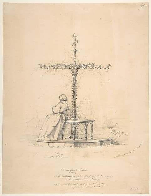 Woman seated on iron garden seat with canopy, by Ferdinand Kirchgessner