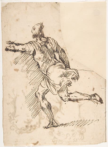 Male Figure Running (recto); Three Pen Studies of Male Heads (verso), by Micco Spadaro (Domenico Gargiulo)