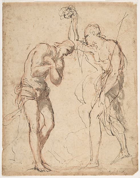 The Baptism of Christ (recto); Kneeling Figure (?) in a Landscape (verso), by Micco Spadaro (Domenico Gargiulo)