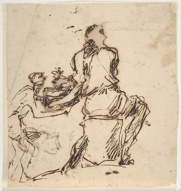 Seated Figure Receiving an Object Presented by a Smaller Figure, by Micco Spadaro (Domenico Gargiulo)