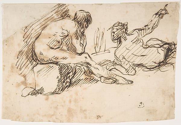 Two Nude Male Figures, One Seated and One Reclining, by Micco Spadaro (Domenico Gargiulo)