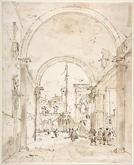 Architectural Capriccio: Grand Staircase Seen through an Archway, by Francesco Guardi
