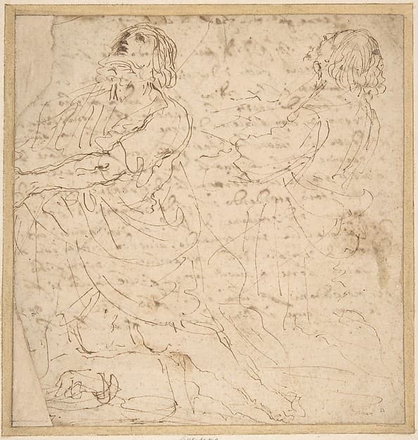 Two Studies of a Kneeling Male Figure (recto); Handwritten letter (verso), by Guercino (Giovanni Francesco Barbieri)