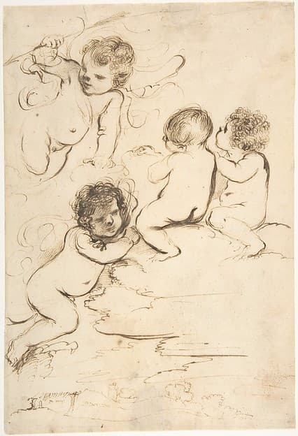 Four Putti with Bow and Arrows on Clouds above a Landscape with a Tower, by Guercino (Giovanni Francesco Barbieri)