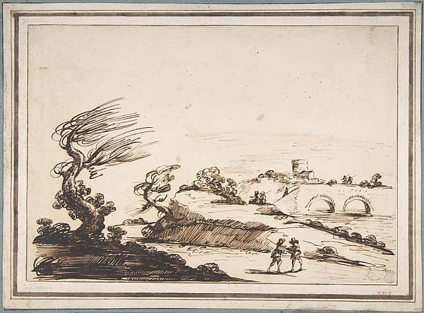 Landscape with Figures and a Two-Arched Bridge, by Guercino (Giovanni Francesco Barbieri)