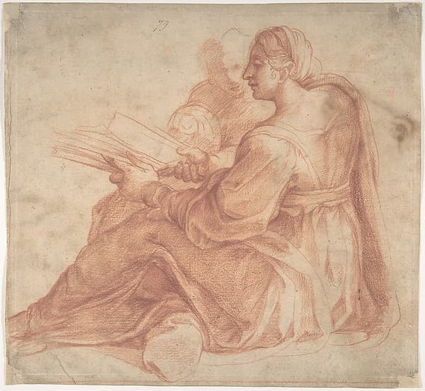 Seated Sibyl and Attendant Genius (recto); Study of the Head of a Horse in Profile (verso), by Pirro Ligorio