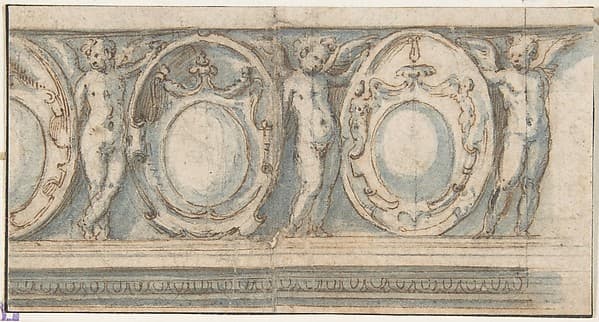 Design for a Decorated Frieze with Alternation of Cartouches and Winged Putti, by Luzio Luzzi (also known as Luzio Romano, Luzio da Todi)