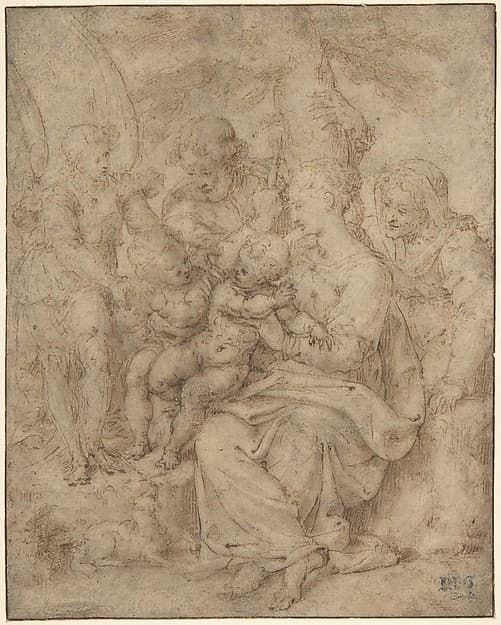 The Holy Family with the Infant Baptist, Saint Elizabeth, and an Attendant Angel, by Aurelio Luini