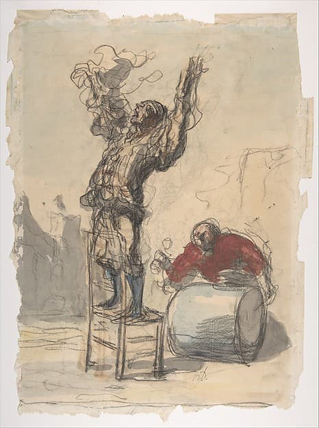 Street Show (Paillasse) (recto); a clown playing a drum (verso), by Honoré Daumier