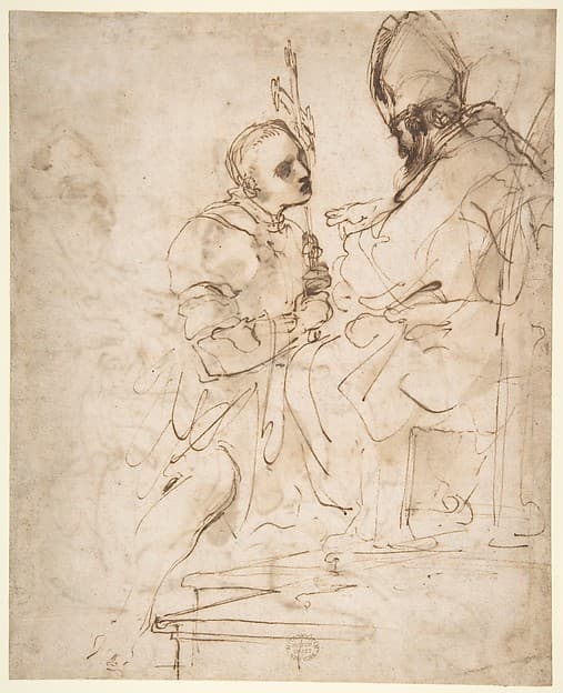 Youth Kneeling before a Prelate (recto); Another Study of a Youth Kneeling before a Prelate (verso), by Guercino (Giovanni Francesco Barbieri)