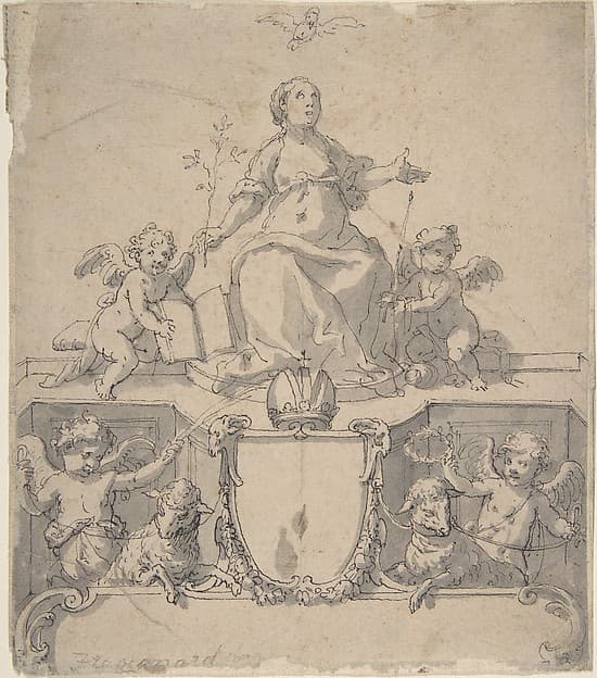 Cartouche with a Crown, the Virgin (?) and the Holy Ghost, and Four Putti, by Johann Matthias Kager