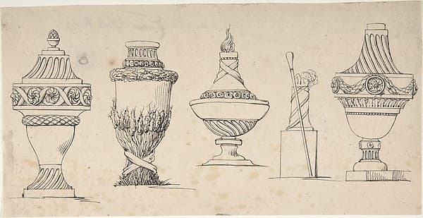 Studies for four urns with a walking stick and hat, by Anonymous, German, 18th century