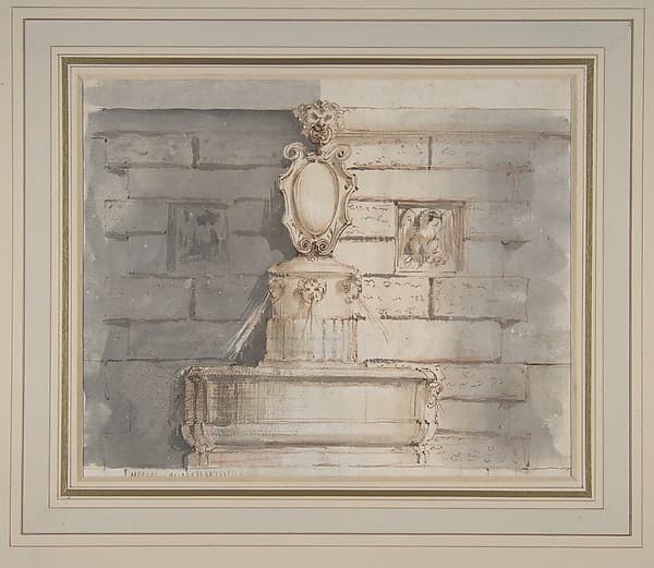 Design for a Fountain at a Street Corner Decorated with Putti Heads, a Coat of Arm and a Gargoyle Head on the Top, by Flaminio Innocenzo Minozzi